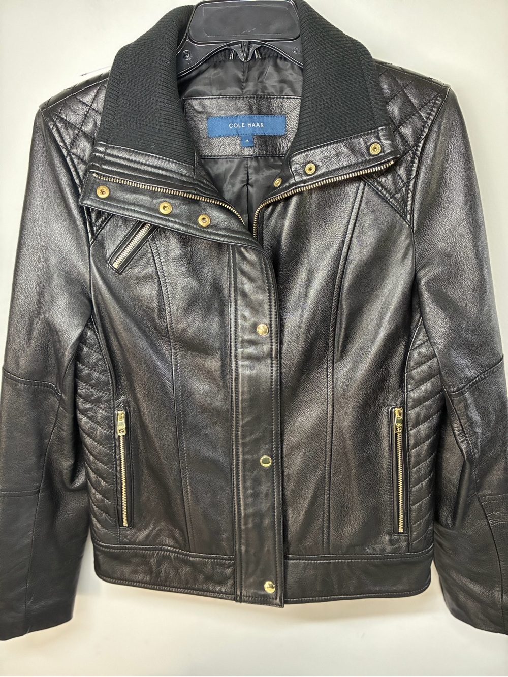 Cole Haan Black Quilted-Panel Leather Bomber Jacket